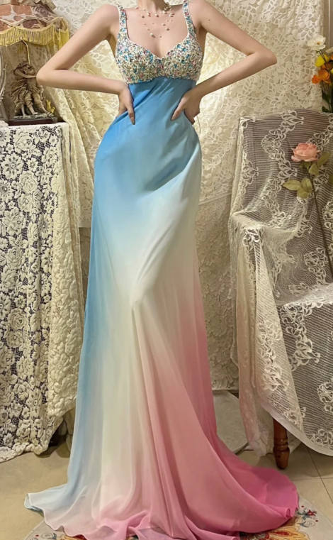 Gorgeous Gradient Mermaid Satin Beaded Without Sleeves Long Prom Dress,Evening Dress GG5620