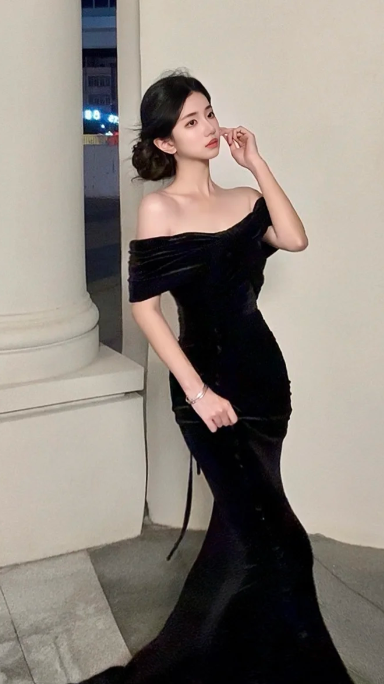 Elegant Mermaid Off The Shoulder Black Velvet Without Sleeves Long Prom Dress,Evening Dress GG5621