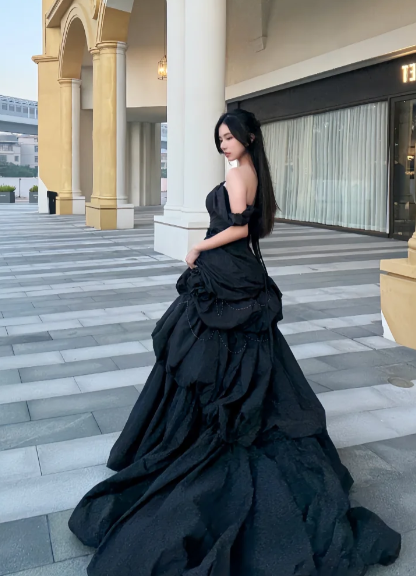 Pretty Ball Gown Off The Shoulder Black Satin Without Sleeves Long Prom Dress,Evening Dress GG5622