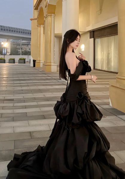 Pretty Ball Gown Off The Shoulder Black Satin Without Sleeves Long Prom Dress,Evening Dress GG5622
