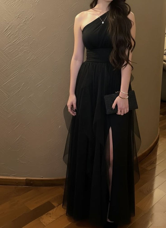 Elegant Black A Line One Shoulder Satin Tulle Slit Without Sleeves Long Prom Dress,Evening Dress GG5627