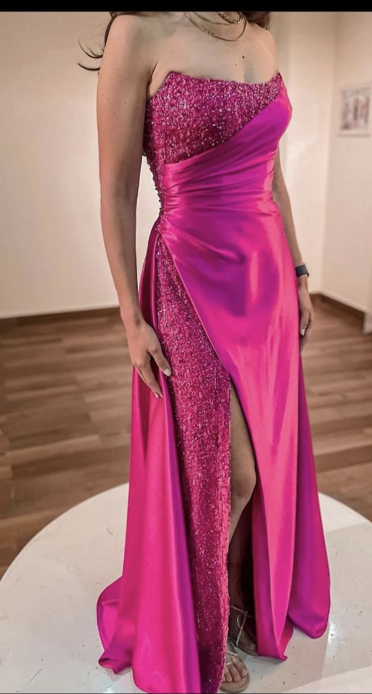 Chic Mermaid Strapless Hot Pink Satin Beaded Slit Without Sleeves Long Prom Dress,Evening Dress GG5629