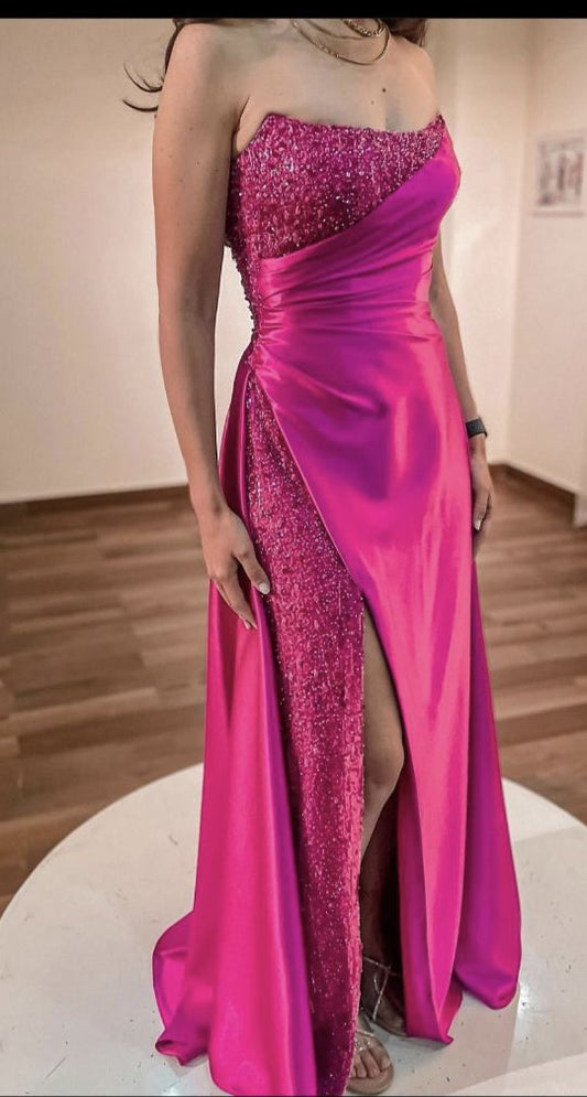 Chic Mermaid Strapless Hot Pink Satin Beaded Slit Without Sleeves Long Prom Dress,Evening Dress GG5629