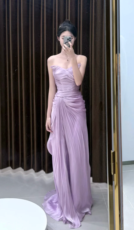 Pretty Lilac A Line Strapless Satin Without Sleeves Long Prom Dress,Evening Dress GG5631