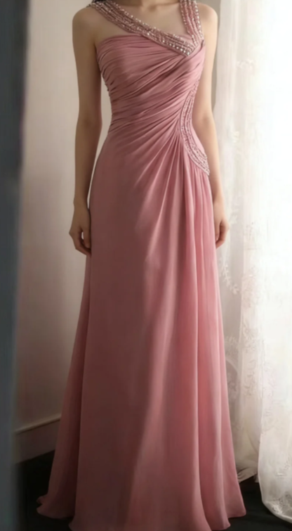 Chic A Line Pleated Chiffon Sequin Without Sleeves Long Prom Dress,Evening Dress GG5632