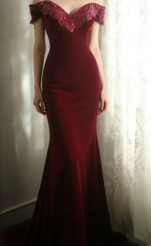 Charming Mermaid Burgundy Off The Shoulder Satin Lace Without Sleeves Long Prom Dress,Evening Dress GG5633