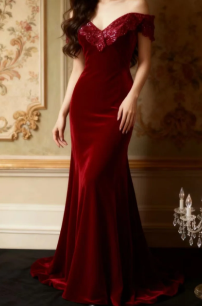 Charming Mermaid Burgundy Off The Shoulder Satin Lace Without Sleeves Long Prom Dress,Evening Dress GG5633