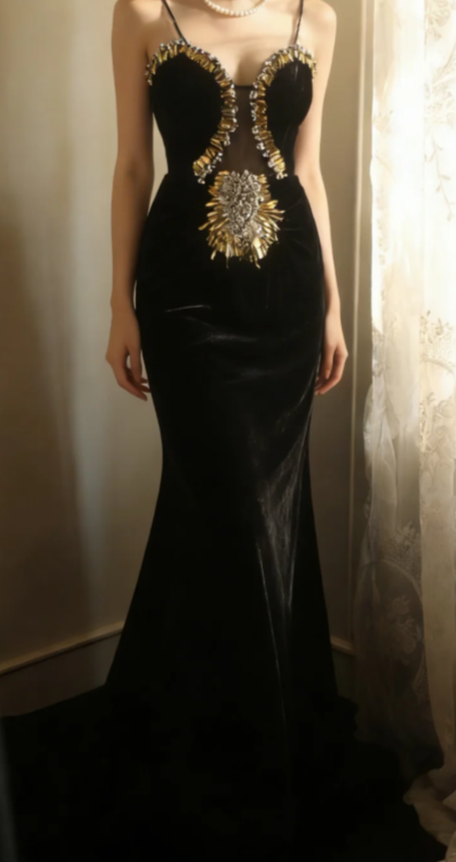 Obsessed Mermaid Black Spaghetti Straps Velvet Tulle Beads Without Sleeves Long Prom Dress,Evening Dress GG5634