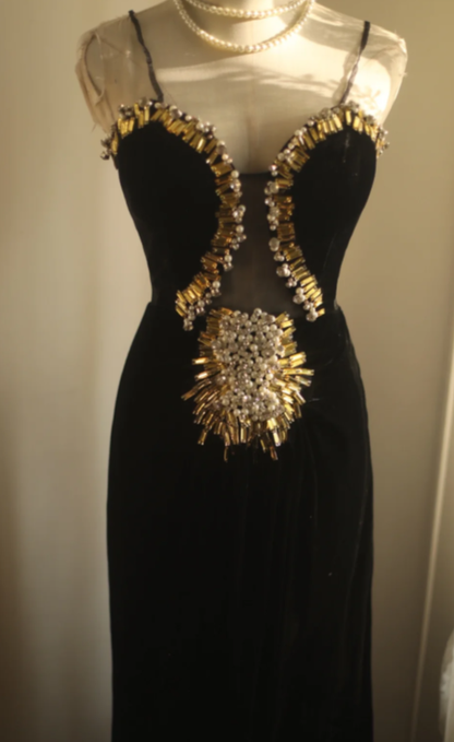 Obsessed Mermaid Black Spaghetti Straps Velvet Tulle Beads Without Sleeves Long Prom Dress,Evening Dress GG5634