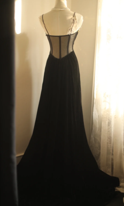 Obsessed Mermaid Black Spaghetti Straps Velvet Tulle Beads Without Sleeves Long Prom Dress,Evening Dress GG5634