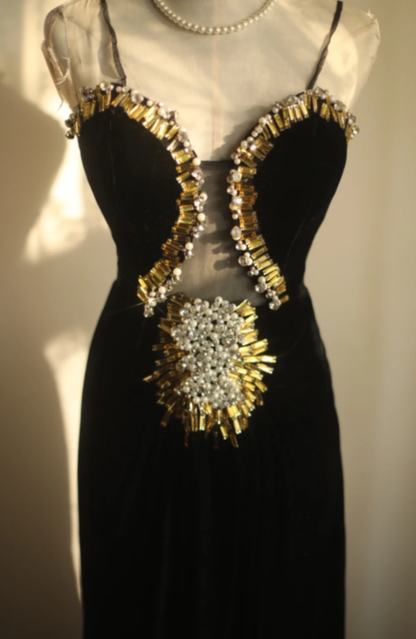 Obsessed Mermaid Black Spaghetti Straps Velvet Tulle Beads Without Sleeves Long Prom Dress,Evening Dress GG5634