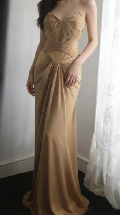 Classy Mermaid Strapless Pleated Satin Without Sleeves Long Prom Dress,Evening Dress GG5635