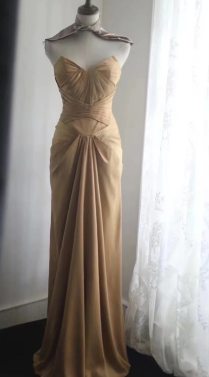 Classy Mermaid Strapless Pleated Satin Without Sleeves Long Prom Dress,Evening Dress GG5635