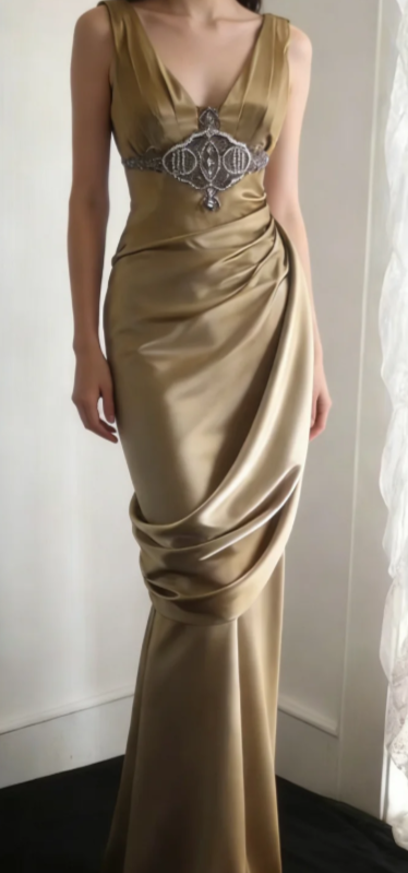 Chic Mermaid V Neck Pleated Satin Beaded Without Sleeves Long Prom Dress,Evening Dress GG5636