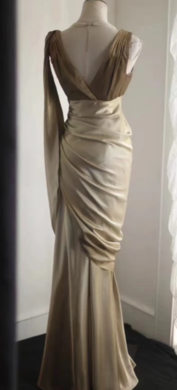 Chic Mermaid V Neck Pleated Satin Beaded Without Sleeves Long Prom Dress,Evening Dress GG5636