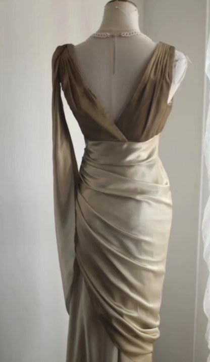 Chic Mermaid V Neck Pleated Satin Beaded Without Sleeves Long Prom Dress,Evening Dress GG5636