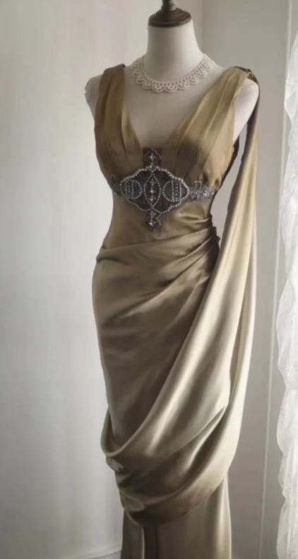 Chic Mermaid V Neck Pleated Satin Beaded Without Sleeves Long Prom Dress,Evening Dress GG5636