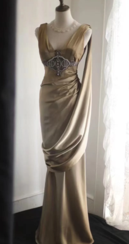 Chic Mermaid V Neck Pleated Satin Beaded Without Sleeves Long Prom Dress,Evening Dress GG5636