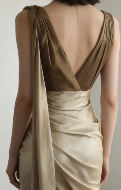 Chic Mermaid V Neck Pleated Satin Beaded Without Sleeves Long Prom Dress,Evening Dress GG5636