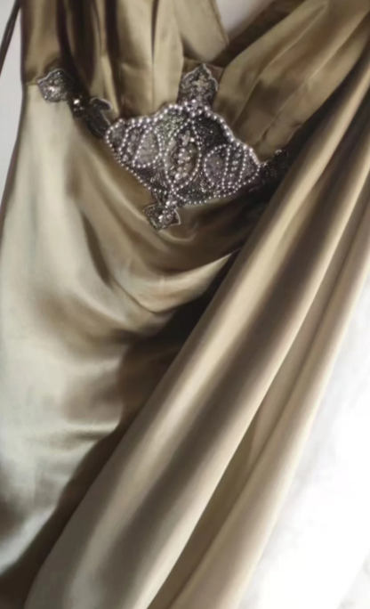 Chic Mermaid V Neck Pleated Satin Beaded Without Sleeves Long Prom Dress,Evening Dress GG5636
