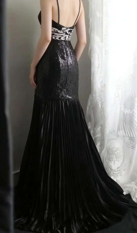 Shiny Mermaid Black Spaghetti Straps Sequin Without Sleeves Long Prom Dress,Evening Dress GG5637