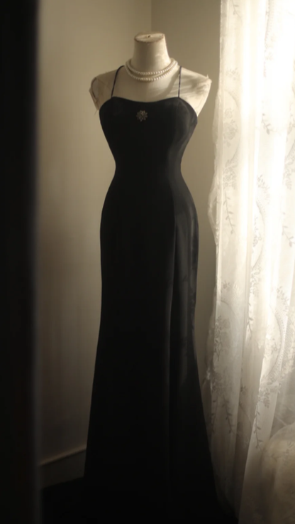 Simple Style Mermaid Black Spaghetti Straps Satin Slit Without Sleeves Long Prom Dress,Evening Dress GG5639