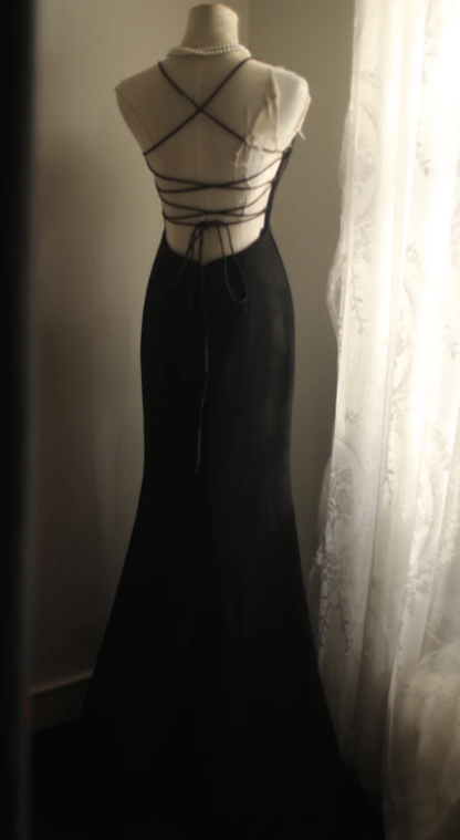 Simple Style Mermaid Black Spaghetti Straps Satin Slit Without Sleeves Long Prom Dress,Evening Dress GG5639