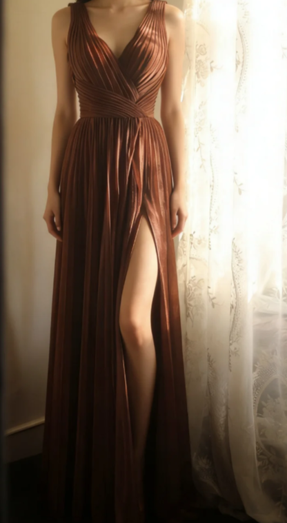 Elegant A Line V Neck Pleated Chiffon Slit Without Sleeves Long Prom Dress,Evening Dress GG5640