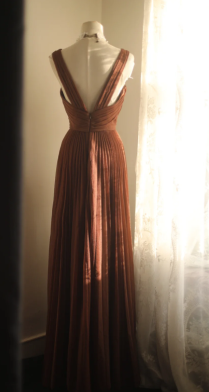 Elegant A Line V Neck Pleated Chiffon Slit Without Sleeves Long Prom Dress,Evening Dress GG5640