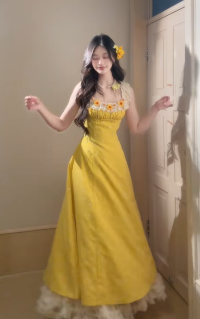 Princess A Line Yellow Square Satin Lace Without Sleeves Long Prom Dress,Evening Dress GG5641