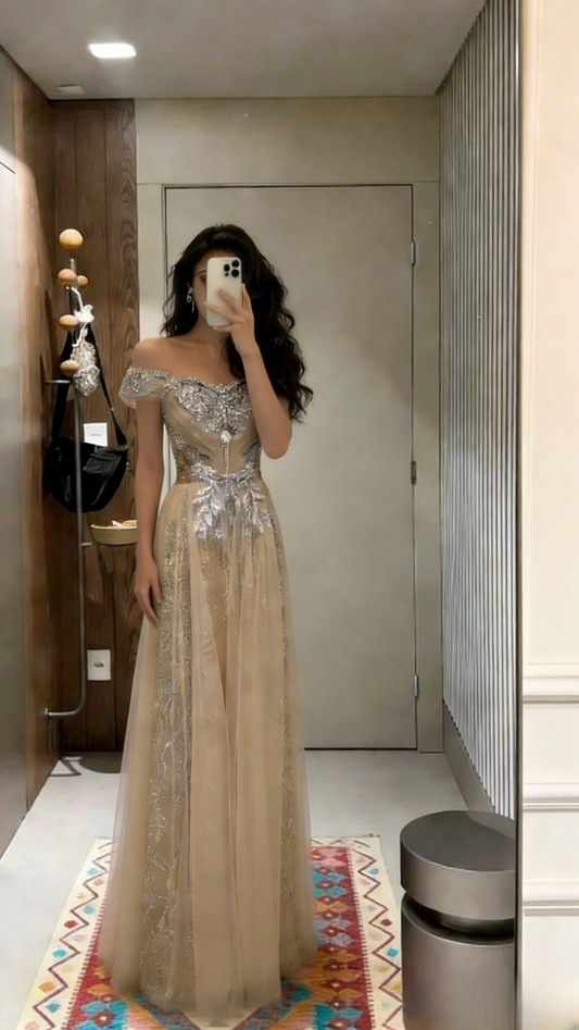 Chic A Line Off The Shoulder Tulle Sequin Without Sleeves Long Prom Dress,Evening Dress GG5648