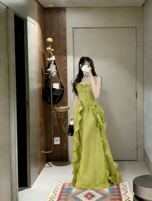Pretty A Line Strapless Chiffon Ruffle Long Prom Dress,Evening Dress GG5651