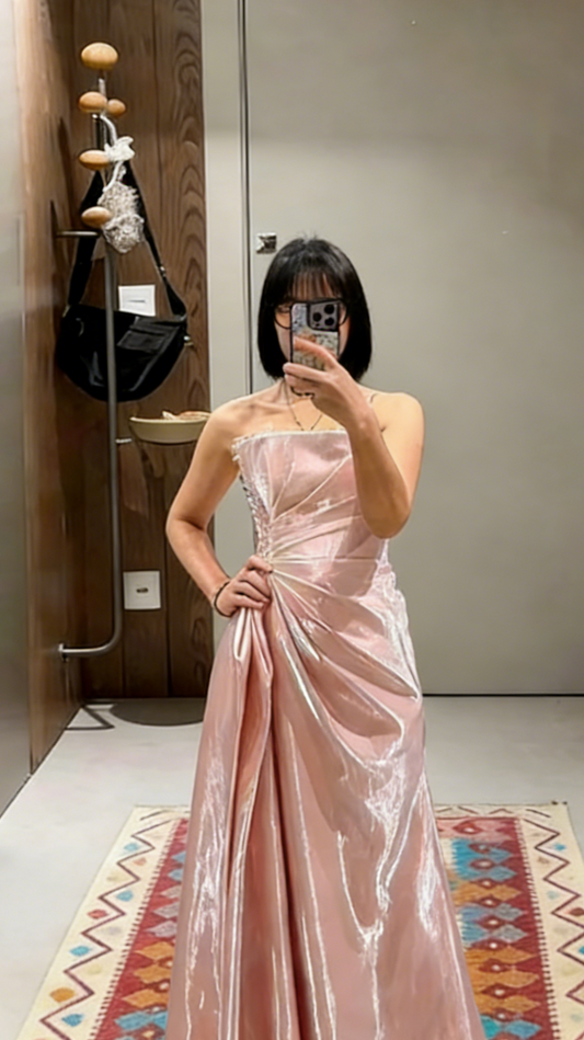 Sweet Pink A Line Strapless Pleated Satin Long Prom Dress,Evening Dress GG5652