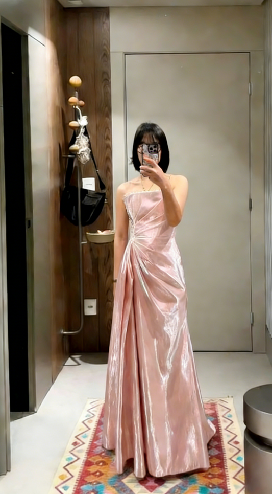 Sweet Pink A Line Strapless Pleated Satin Long Prom Dress,Evening Dress GG5652