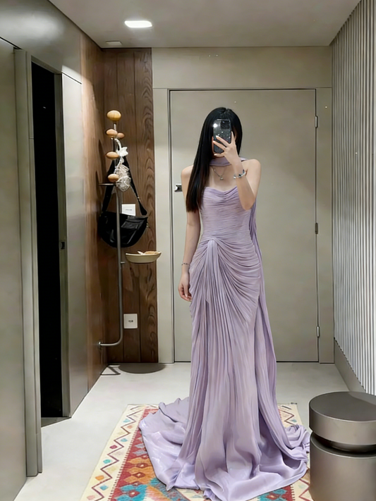 Pretty Lilac Mermaid Strapless Pleated Chiffon Long Prom Dress,Evening Dress GG5658