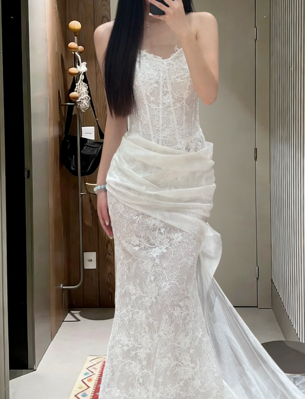 Pretty Mermaid Strapless Chiffon Lace Long Prom Dress,Evening Dress GG5660