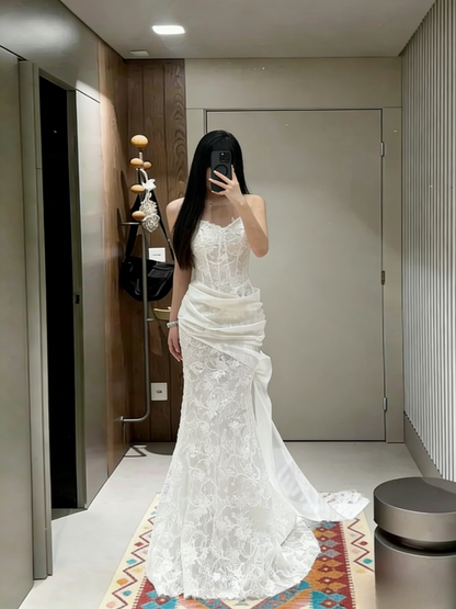 Pretty Mermaid Strapless Chiffon Lace Long Prom Dress,Evening Dress GG5660