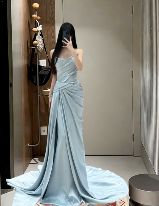 Pretty Mermaid Strapless Pleated Satin Long Prom Dress,Evening Dress GG5663