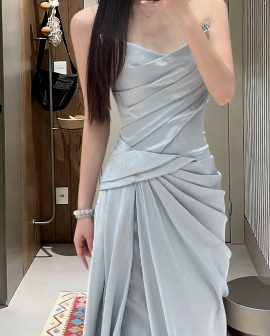 Pretty Mermaid Strapless Pleated Satin Long Prom Dress,Evening Dress GG5663