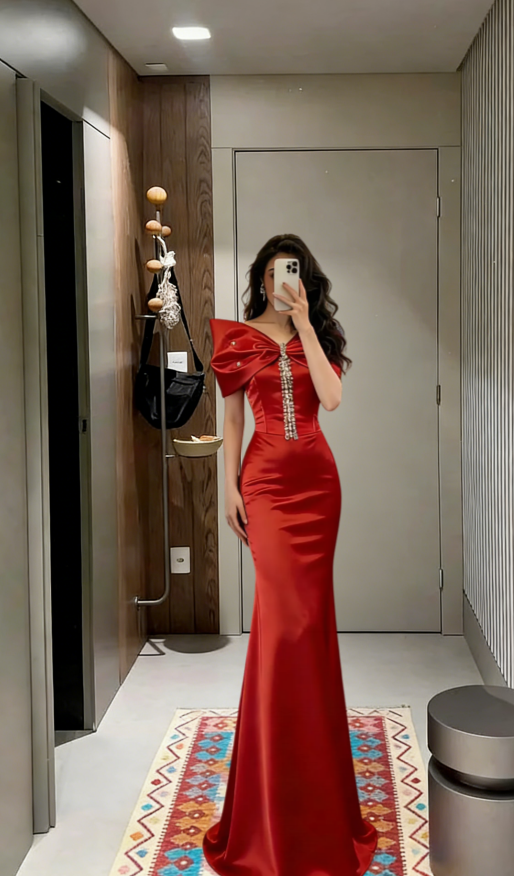 Sexy Mermaid Off The Shoulder Satin With Bow Long Prom Dress,Evening Dress GG5664