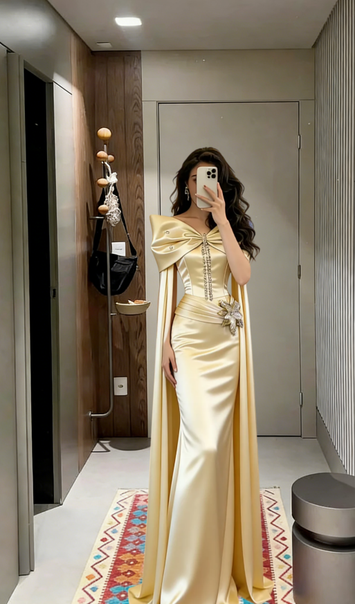 Noble Mermaid Off The Shoulder Satin With Cape Long Prom Dress,Evening Dress GG5665