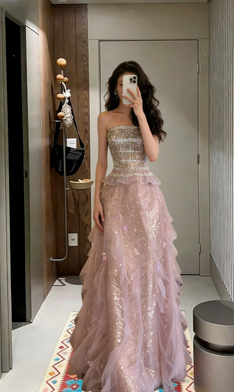 Princess A Line Strapless Tulle Sequin Long Prom Dress,Evening Dress GG5669