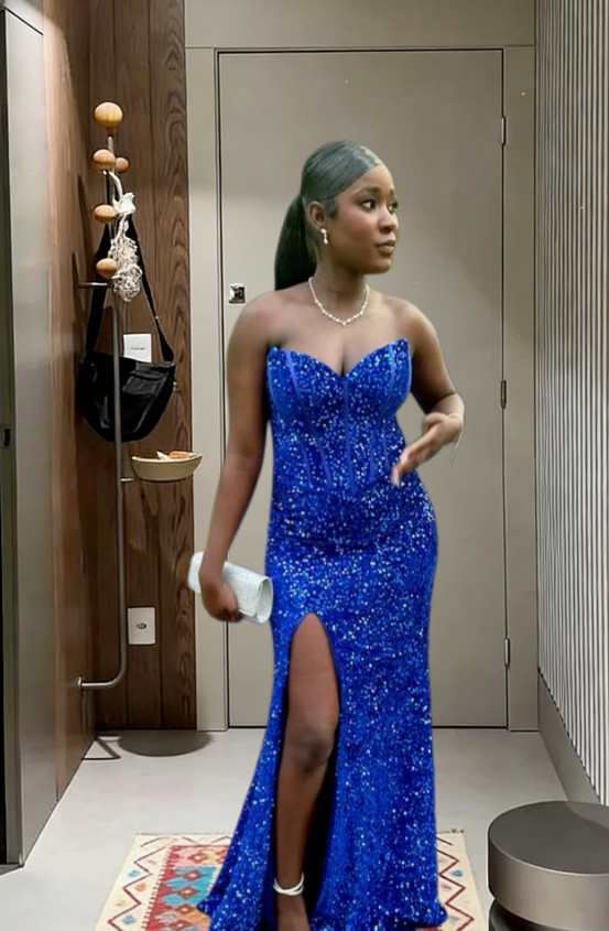 Classy Royal Blue Mermaid Strapless Satin Sequin Slit Long Prom Dress,Evening Dress GG5673
