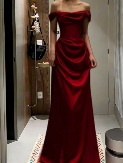 Classy Burgundy A Line Off The Shoulder Satin Long Prom Dress,Evening Dress GG5691