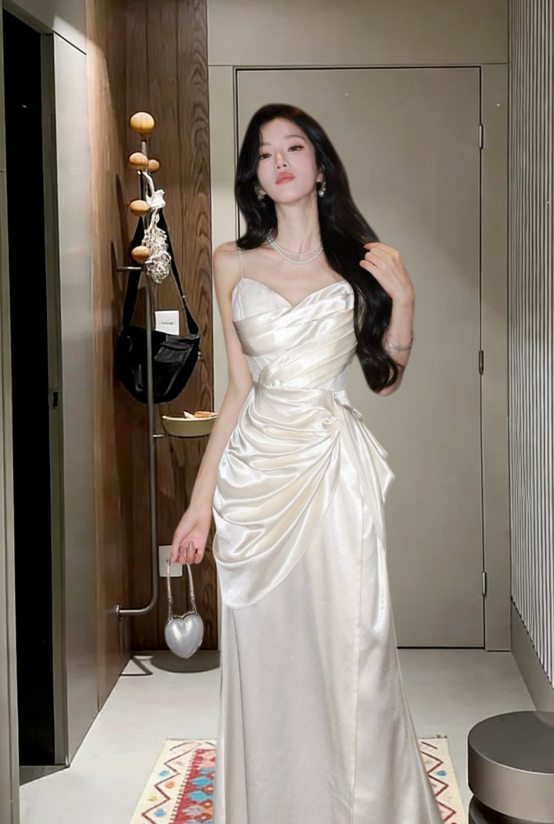 Elegant Mermaid Spaghetti Straps Pleated Satin Long Prom Dress,Evening Dress GG5692
