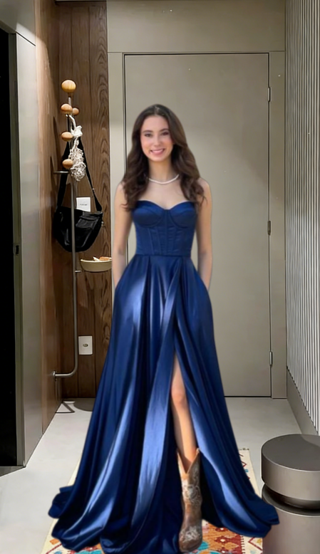 Pretty A Line Spaghetti Straps Satin Slit Long Prom Dress,Evening Dress GG5712