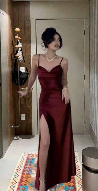 Sexy Burgundy Mermaid Spaghetti Straps Satin Slit Long Prom Dress,Evening Dress GG5727