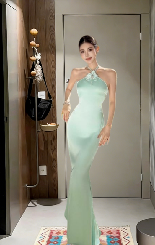Charming Mermaid Halter Sage Satin Long Prom Dress,Evening Dress GG5728