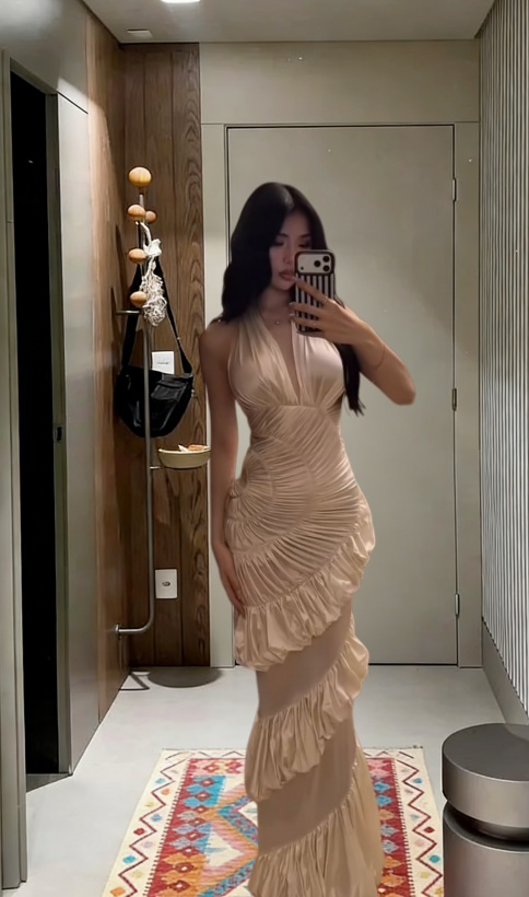 Chic Mermaid Halter Pleated Ruffle Satin Long Prom Dress,Evening Dress GG5736