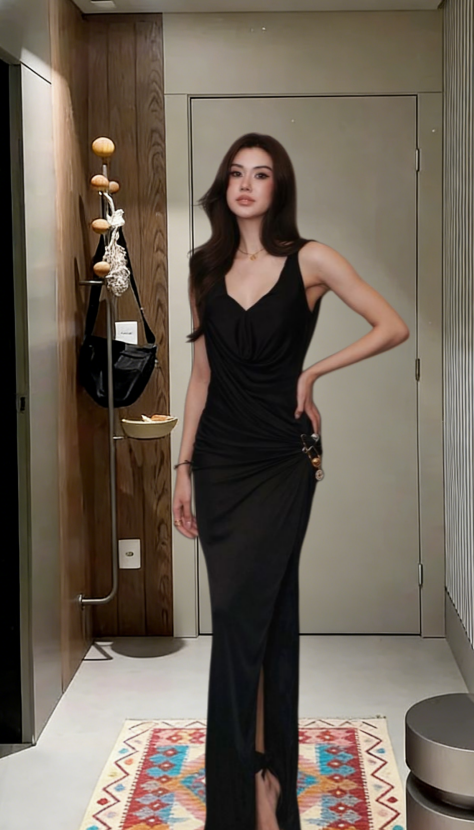 Charming Mermaid Black V Neck Pleated Satin Slit Long Prom Dress,Evening Dress GG5757